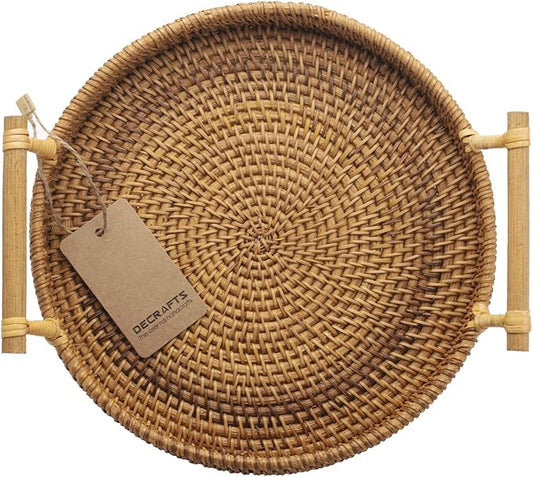 DECRAFTS Round Rattan Tray Woven Bread Basket with Handles Small Cracker Tray for Serving Dinner Parties Coffee Table Tea (Natural 11 inches Diameter)