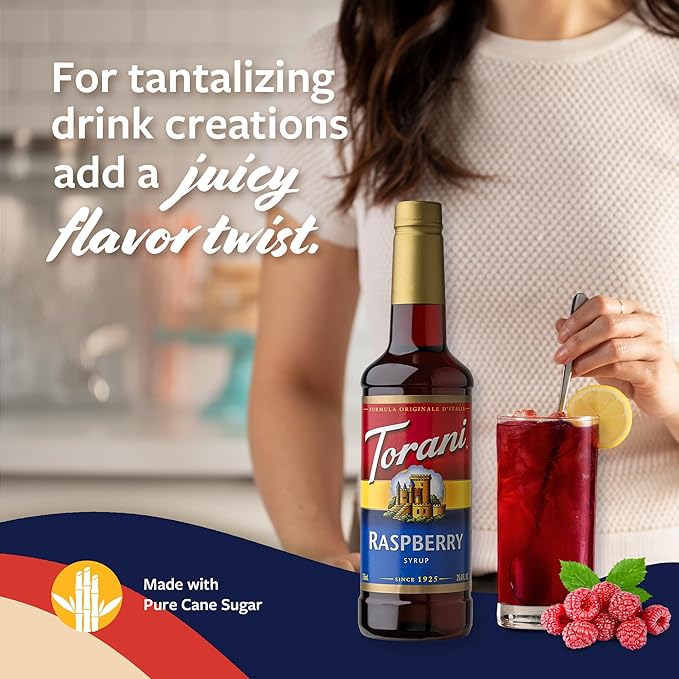 Torani Raspberry Syrup for Drinks, Flavoring for Iced Tea, Lemonade, and Sodas, Pump Included, 25.4 Oz