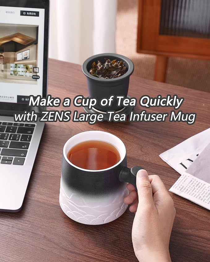 ZENS Tea Mug with Infuser and Lid for Loose Leaf Tea Steeper, 16.9oz Embossed Ceramic Tea Cup with Fine Strainers, Wood Handle Large Diffusers Mugs for Tea Lovers Gifts