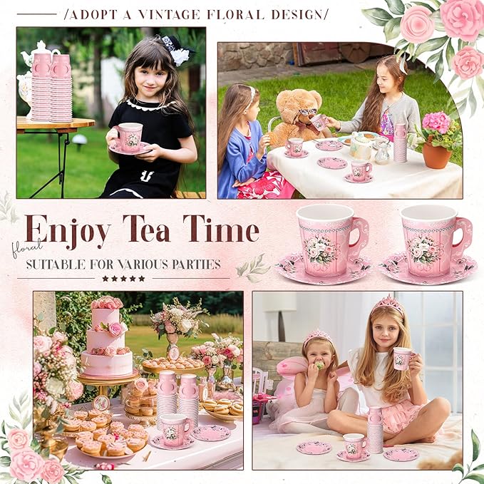 200 Pcs Floral Paper Tea Cups and Saucers 7 oz Disposable Tea Party Decorations Vintage Cute Paper Tea Cups and Plates with Handles for Girls Wedding Baby Bridal Shower Birthday, Serve 100(Pink)