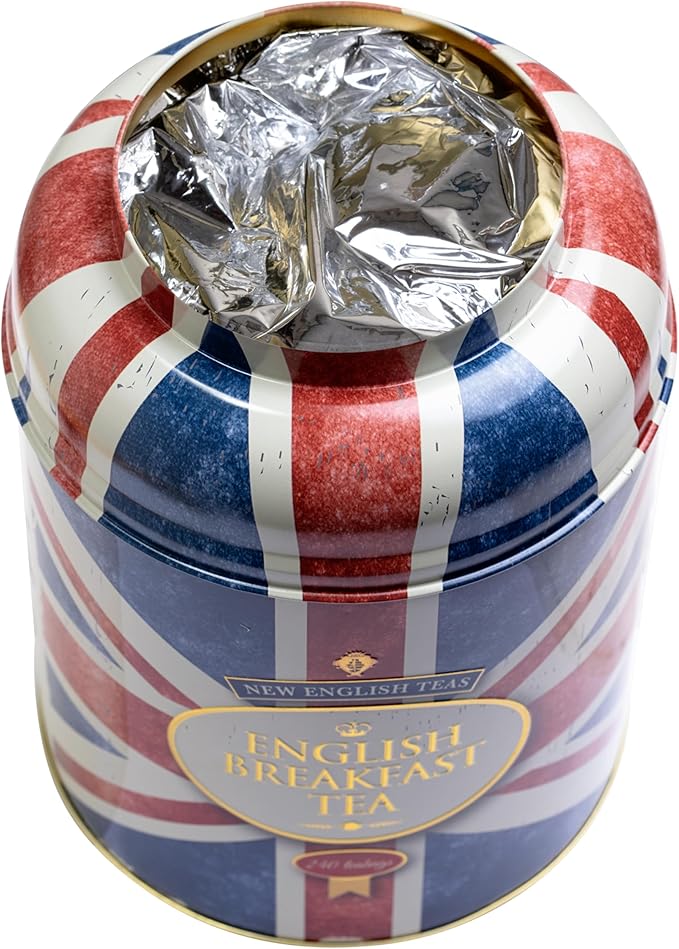 New English Teas Union Jack Large Round Tea Caddy with 240 English Breakfast Teabags