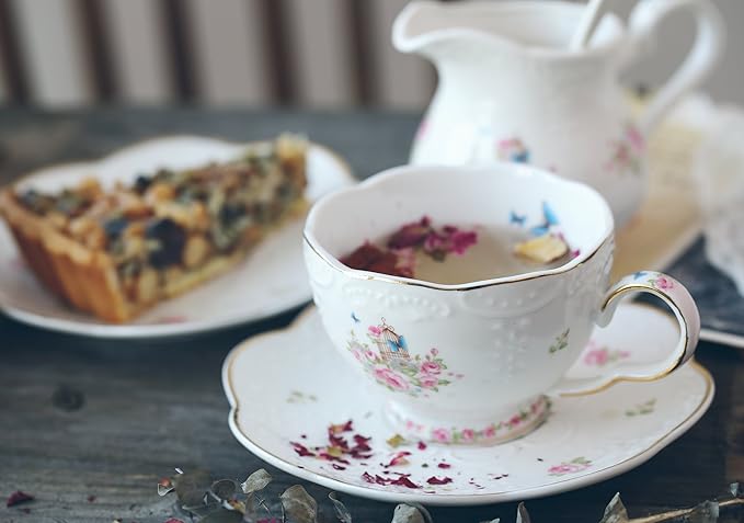 Jusalpha® Vintage Porcelain Flower Series Tea Sets, Tea Cup Saucer Set with Teapot Warmer- Filter and Spoon, 16pcs in 1 set (16pcs set)