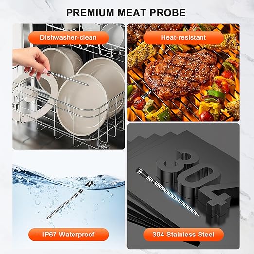 Wireless Meat Thermometer Digital 4 Probes - 800FT Bluetooth Food Thermometer for Cooking, NIST Certified Accuracy ±0.5°, Standalone Base Dual Probes for Kitchen Grill BBQ Oven Smoker Rotisserie