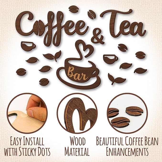 Woodamore Coffee And Tea Bar Sign - Coffee And Tea Signs For Cafe Station Decor, Farmhouse Cafe Sign For Bar Decorations, Wooden Letter Signs For Kitchen