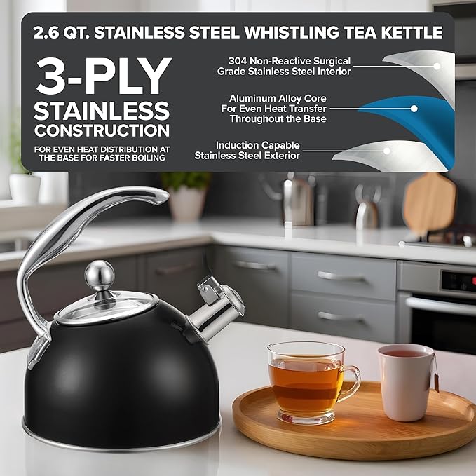 Viking 3-Ply Stainless Steel Tea Kettle, 2.6 Quart Stovetop Hot Water Pot with Tempered Glass Lid, Ergonomic Handle, Induction Ready, Matte Black