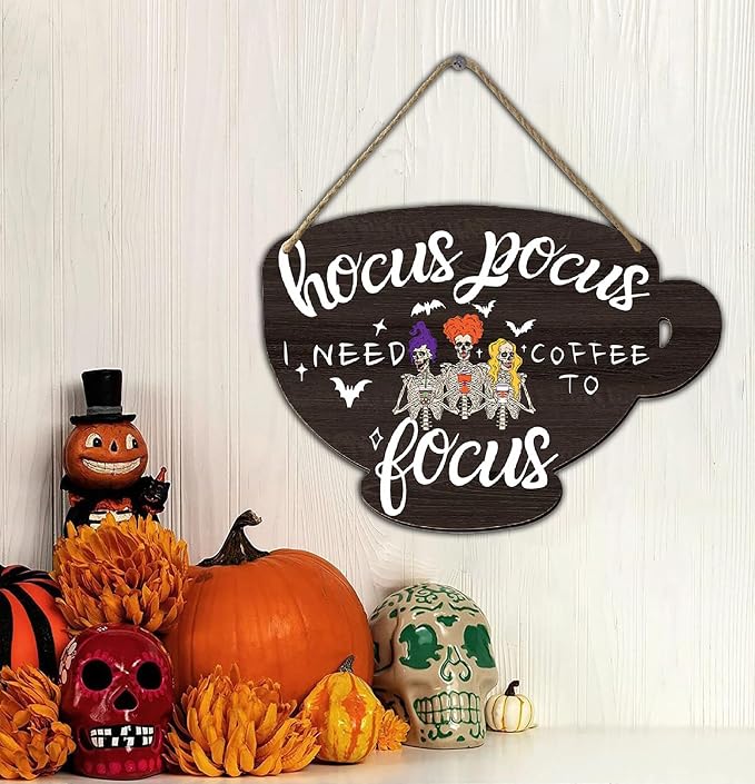 Hocus Pocus I Need Coffee to Focus Wood Sign Hanging Sign for Home Halloween Coffee Bar Coffee Station Cafe Office Coffee Station Decor Signs 4.8x6.78 Inch - Image 5