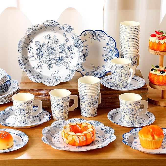 Pickmesh 252 Pcs Blue Floral Tea Party Supplies for 36 Guests Blue and White Porcelain Paper Disposable Dinnerware Floral Teacups with Handle and Saucers Set for Tea Party Decorations Birthday Wedding