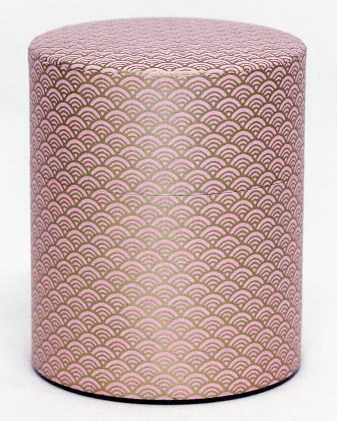 Washi Paper Tea Tin Canister: Wide 7oz (200g) Baby pink waves with gold outlines (#90), Japan