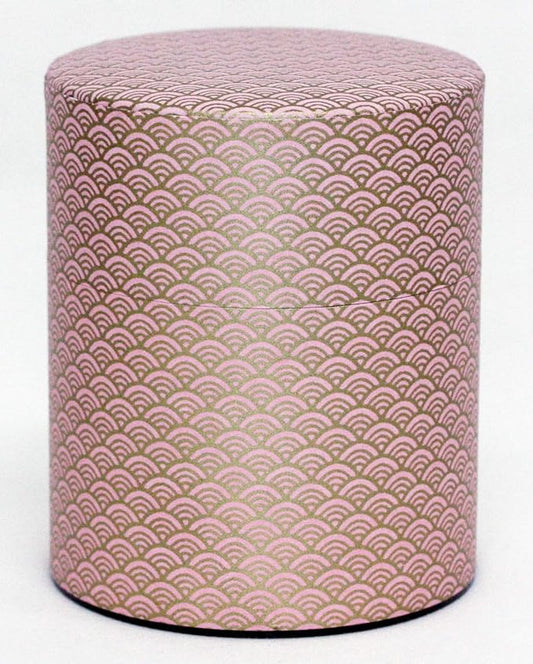 Washi Paper Tea Tin Canister: Wide 7oz (200g) Baby pink waves with gold outlines (#90), Japan