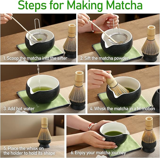 Matcha Whisk Set, Ceramic Matcha Bowl with Spout, Bamboo Whisk, Scoop, Sifter, Holder, Tea Towel, 7-Piece Matcha Kit for Making Breakfast/Latte