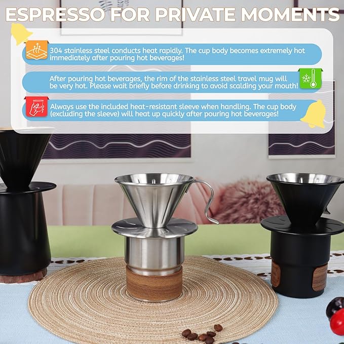 Pour Over Coffee Maker 300ml Portable Cup 304 Thickened Stainless Steel Drip Coffeemaker Set with 50pcs V60 Cone Paper Filters Hand Brew Dripper Carafe for Home Camping Travel 10.2oz Black