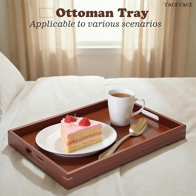 Wooden Tray for Ottoman, 15"x10"x1.5" Medium Wood Serving Tray with Handle for Coffee Table, Dining, Home Decor, Bed, Bathroom, Drink