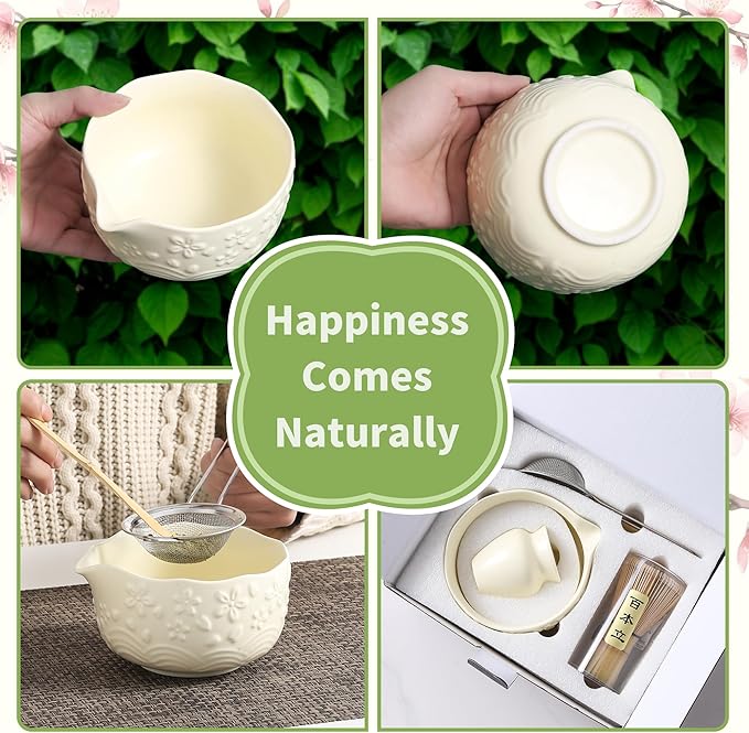Matcha Whisk Set, 5 Pcs Ceramic Matcha Set, Matcha Kit Set Includes Matcha Bowl, Matcha Whisk and Holder, Bamboo Scoop and Sifter, Matcha Tea Set, Ideal Gift for Family/Friend (Beige)