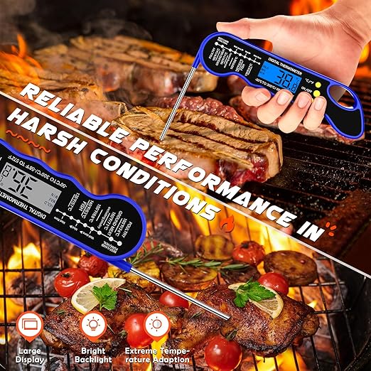 Instant Read Meat Thermometer, Fast & Accurate Digital Food Thermometer with Backlight, Waterproof & Magnet for Grilling, Cooking, BBQ, Smoker, Baking, and Candy Making Blue