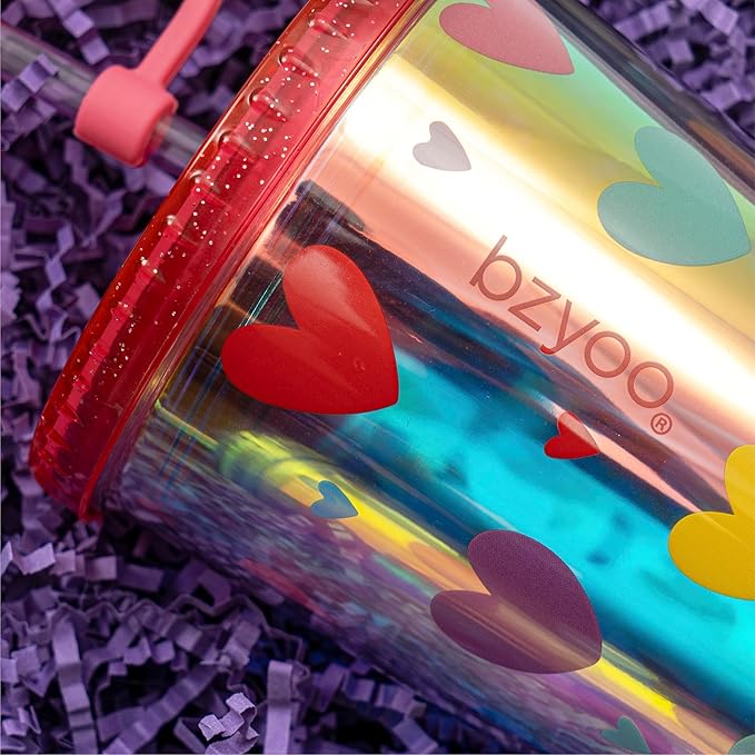 bzyoo 24 oz SIP Tumbler with Heart-Shaped w/Wing Straw Cap Cover – Cute Heart Design Iridescent Tumbler, BPA-Free Cup with Lid and Straw, Perfect for Iced Coffee, Tea, Party and Gift