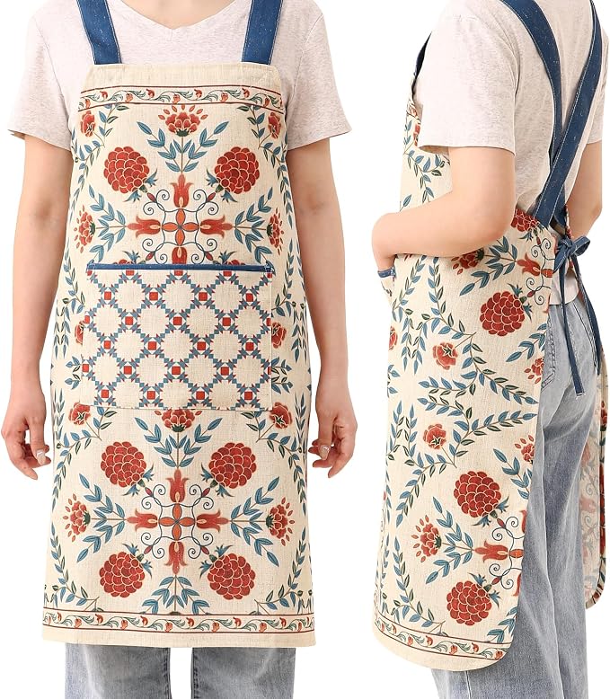 patdrea Blue Floral Linen Apron with Pocket,French Kitchen Garden Chef BBQ Aprons for Women and Men,Crisscross Back Straps - Image 3