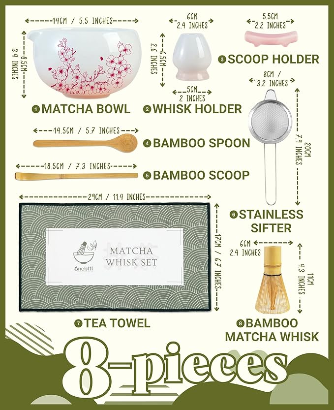 Onebttl Matcha Whisk Set Gift with Sakura Pattern, 8 Pcs Ceramic Matcha Kit Set Includes Matcha Bowl, Matcha Whisk and Holder, Bamboo Spoon and Scoop, Scoop Rest, Sifter and Tea Towel - Pink&Sakura