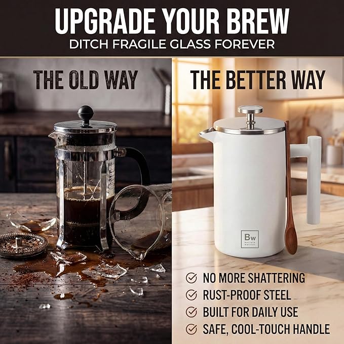 Barista Warrior French Press Coffee Maker Stainless Steel with Built-In Thermometer - Insulated Double Wall Design, Dual Filter System, Stay-Cool Handle & Wood Spoon - White