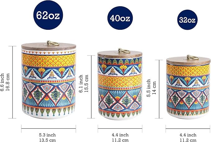 Bico Havana Ceramic Canister Set of 3 for Kitchen Counter, 62oz, 40oz, 32oz each, with Wooden Air Tight Lid, Food Storage Jar for storing Coffee, Tea, Spice, Dishwasher Safe