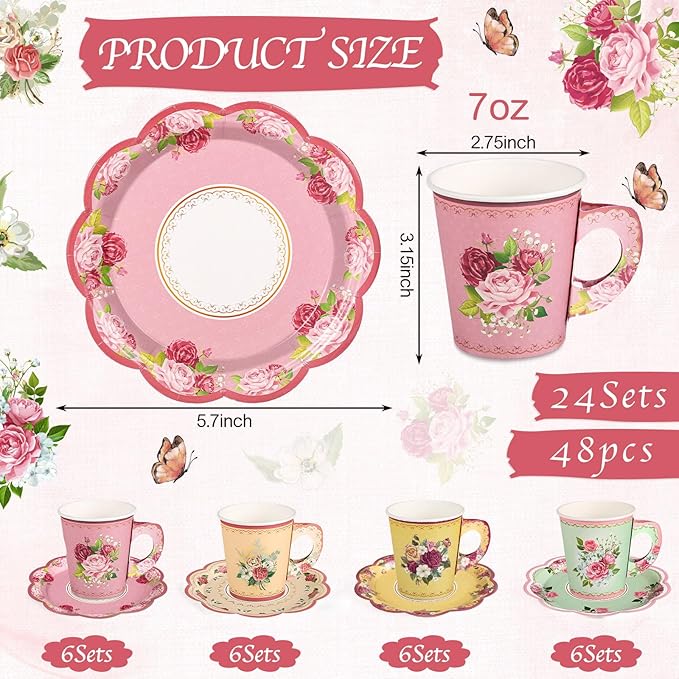 24 Sets Vintage Floral Tea Party Cups 7 OZ Disposable Paper Tea Cups with Handle and Plates Teacups and Saucer Sets for Baby Bridal Shower Wedding Birthday(Vintage Style)