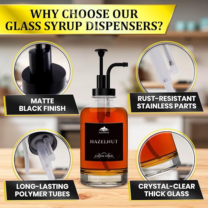 Set of 4 Glass Coffee Syrup Dispenser with Pump 16.9oz 500 ml – 18 Marked Labels – Leak-Proof Glass Syrup Bottles for Coffee Bar, Espresso Station & Barista Setups | Parties & Event Ready (Black) - Image 3