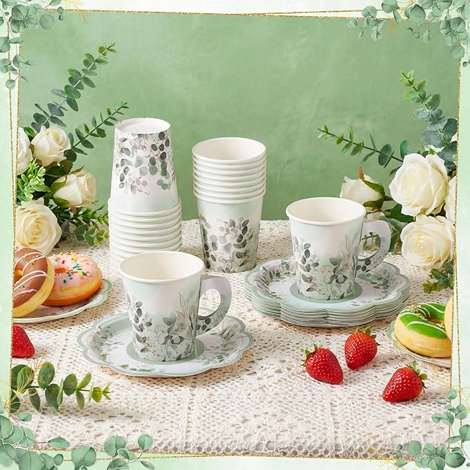 24 Sets Tea Party Cups 7 OZ Disposable Paper Tea Cups with Handle and Plates Teacups and Saucer Sets for Baby Bridal Shower Wedding Birthday(Sage Green)