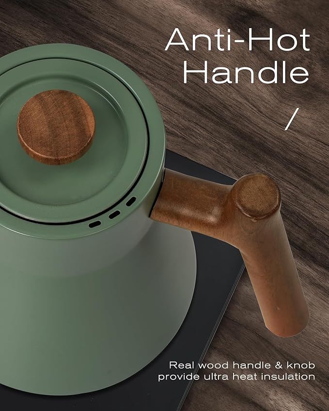 POLIVIAR Electric Gooseneck Kettle, 1200W Electric Tea Kettle Real Wood Handle, 34oz Pour Over Electric Kettle for Coffee & Tea, 18/8 Stainless Steel Inner, Temperature Control & Rapid Heating