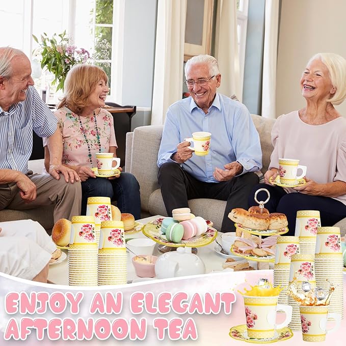 100 Pcs Tea Party Decorations Includes 50 7 oz Paper Tea Cups with Handle 50 Vintage Floral Plates Disposable Tea Cups and Saucers for Wedding Spring Party Birthday Hot Cold Drinks(Yellow)