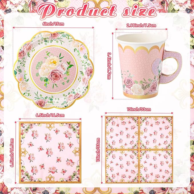 Vesici 150 Pcs Floral Tea Party Decorations for Table 9 oz Disposable Paper Tea Cups with Handles Plates, Saucers and Napkins Set for Spring Party Girl Birthday Wedding Mothers Day(Classic Style)