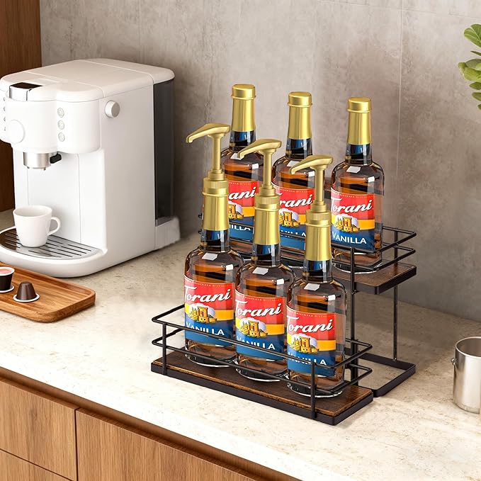 Coffee Syrup Organizer rack, 2 Tier Syrup Holder(6 Bottle Capacity) for coffee bar syrup storage,kitchen condiment organization and wine display.