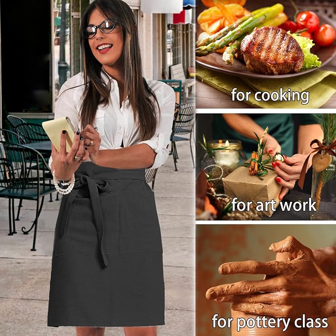 Cityelf Half Apron for Women Men Cotton Linen with 2 Large Pockets Waist Short Bistro Server Aprons Waiter Waitress Unisex - Image 5