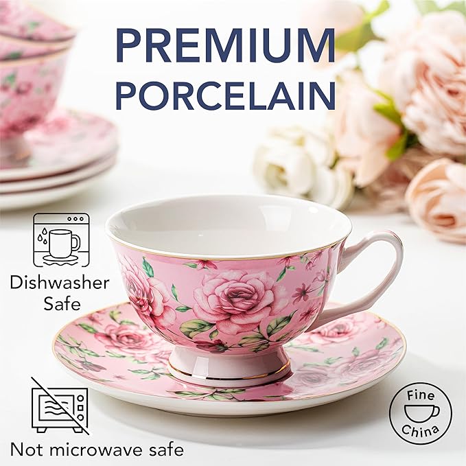 BTaT- Floral Tea Cups and Saucers, Set of 4, 8 oz, Fine Porcelain Teacup Set with Gold Trim for Afternoon Tea, Weddings, Parties & Gifting, Dishwasher Safe and Freezer Safe