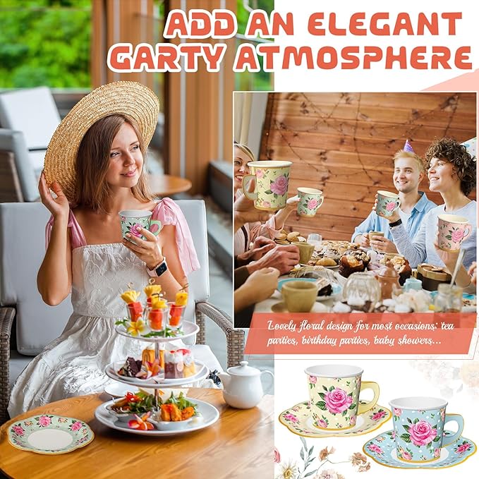 Umigy 36 Sets Tea Party Decorations 9 oz Floral Paper Tea Cups with Handle and Plates Disposable Blossom Teacups and Saucers Sets for Girls Kids Birthday Garden Wedding Party Supplies(Multicolored)