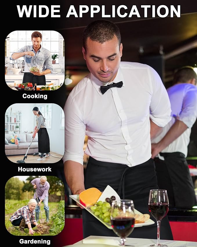 Xtinmee 4 Pcs Bistro Aprons 2 Pockets 32" Waterproof Half Waist Black | Server Aprons with 2 Pockets Unisex, Long Waist Ties, for Halloween Party Chef Waiter Bartender Cooking Restaurant Cafes - Image 4