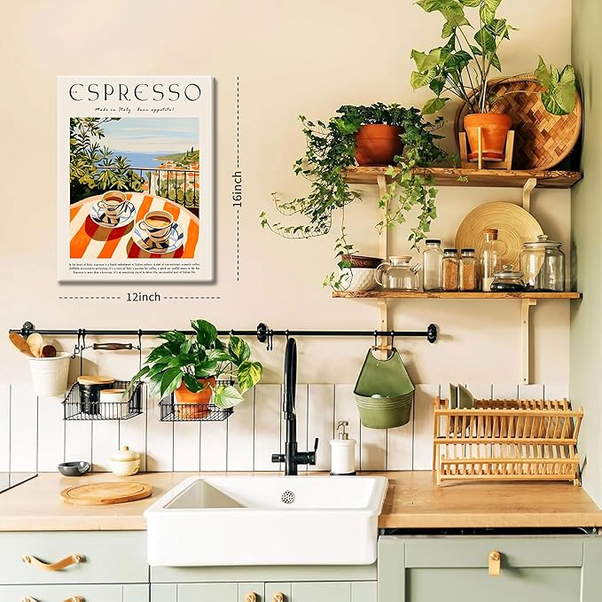 Vintage Espresso Kitchen Wall Art – Retro Italy Coffee Sign Canvas Prints – Framed Cozy Coffee Bar Wall Decor for Dining Room Kitchen Home Decoration – 12x16in