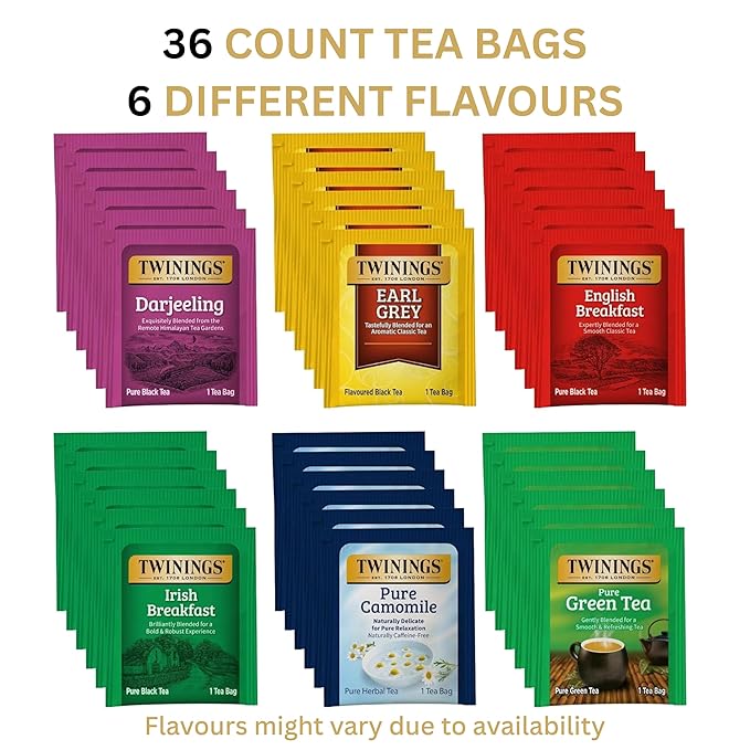 Twinings Tea Bag Sampler Variety with Brown Wooden Organizer Tea Chest (36 Tea Bags) 6 Different Popular Flavours, Gift for Tea Lovers: Women, Men, Mom, Dad, Family, Friends, Couples