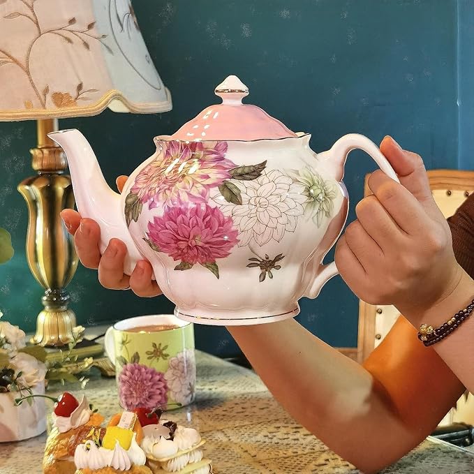 Bone China Teapot, English Teaset, Dahlia Floral Design with Golden Rim, 37 Oz