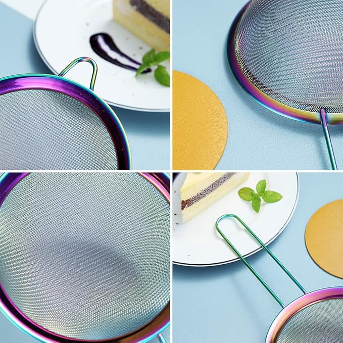 Rainbow Fine Mesh Strainer 3 Pieces Set, Colorful Flour Sifter For Baking, Stainless Steel Clander, Mutil-Color Matcha Tea Strainer, Gravy Separator, Stasher Sieve Pasta Strainers