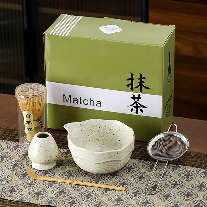 Matcha Bowl Set with Bamboo Whisk, Sifter & Scoop - Complete Ceramic Japanese Tea Ceremony Kit for Traditional Matcha Preparation (off-white with light brown speckled texture)
