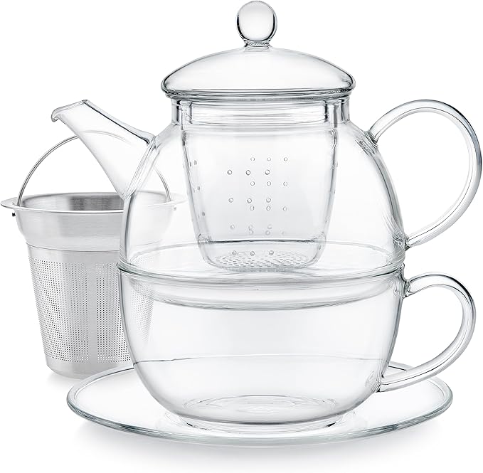 Teabloom Mindful Tea-for-One Set – 5-Piece Glass Teapot, Matching Cup & Saucer, Borosilicate & Stainless Steel Infusers, Elegant Gift for Personal Tea Rituals