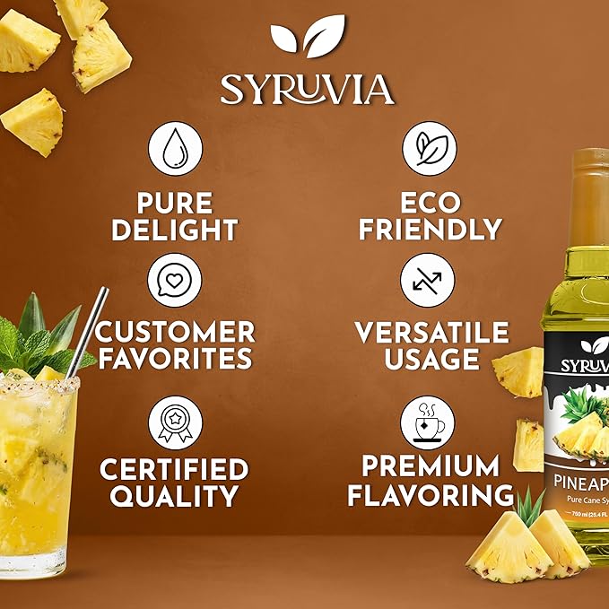 Syruvia Pineapple Syrup, Flavored Syrup for Drinks, Cocktails, Lemonades, Iced Teas, and Desserts – 25.4 fl oz