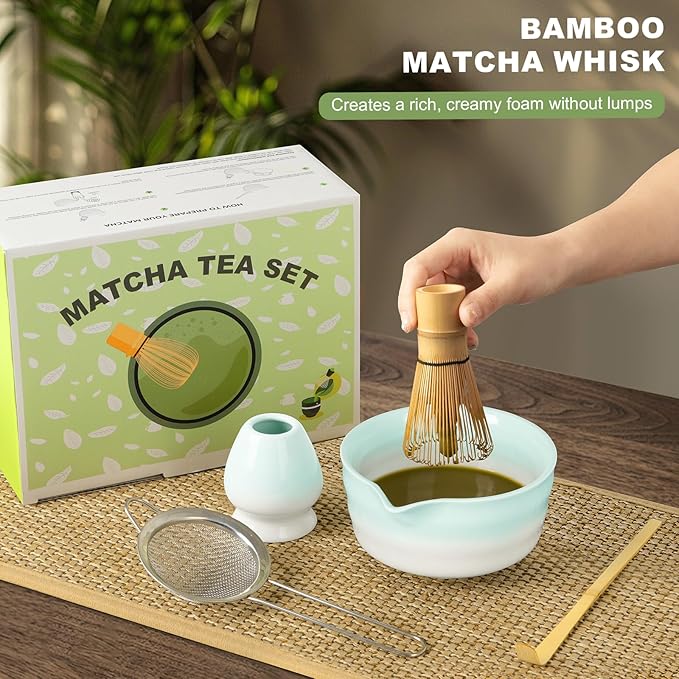 Dayacoco Matcha Whisk Set,Ceramic Matcha Kit Set Includes Bowl with Spout, Whisk,Holder,Bamboo Scoop and Sifter,5 pcs Matcha Tea Kit for Matcha Lovers, Ideal Gift Christmas, Birthday (Green gradient)
