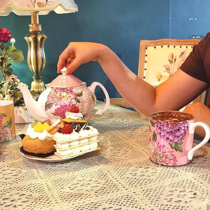 Bone China Teapot, English Teaset, Dahlia Floral Design with Golden Rim, 37 Oz