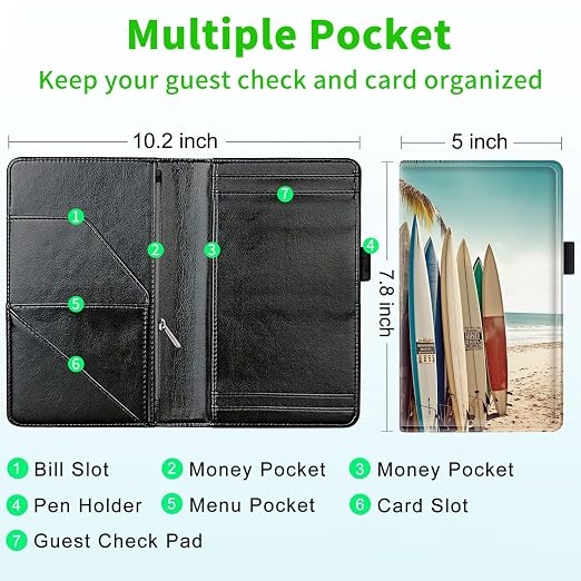 Server Books for Waitress, with 7 Large Pockets, Waiter Serving Book, Waitstaff Server Order Pads, Cute PU Leather Server Book with Pen Holder Fit Server Apron, Surfboards - Image 3