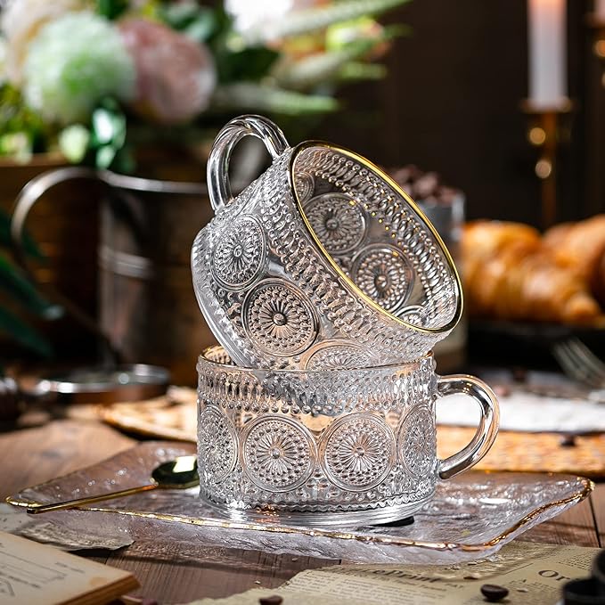 Gezzeny Vintage Coffee Mugs Set, Glass Cups Set with Saucer and Spoon, Clear Embossed Tea Breakfast Dessert Plate for Cappuccino, Latte, Cereal, Milk, Home Office Party, Golden, 3 Piece
