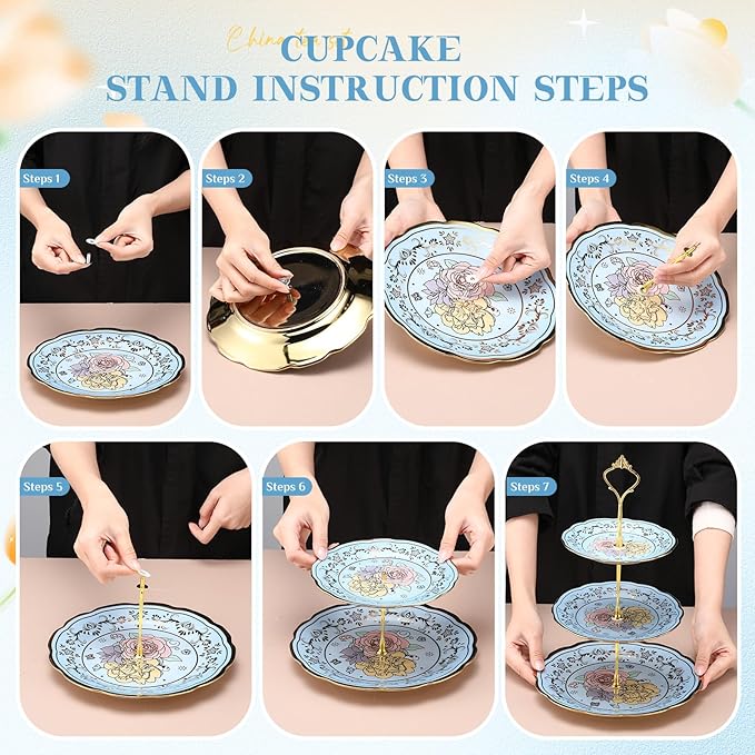 21 Pcs Ceramic Teapot Set Vintage Porcelain Tea Cups with Metal Holder and High Tier Cupcake Stand Saucers for Women Girls Farmhouse European Weddings Party Decor Gifts(Blue,Vivid)