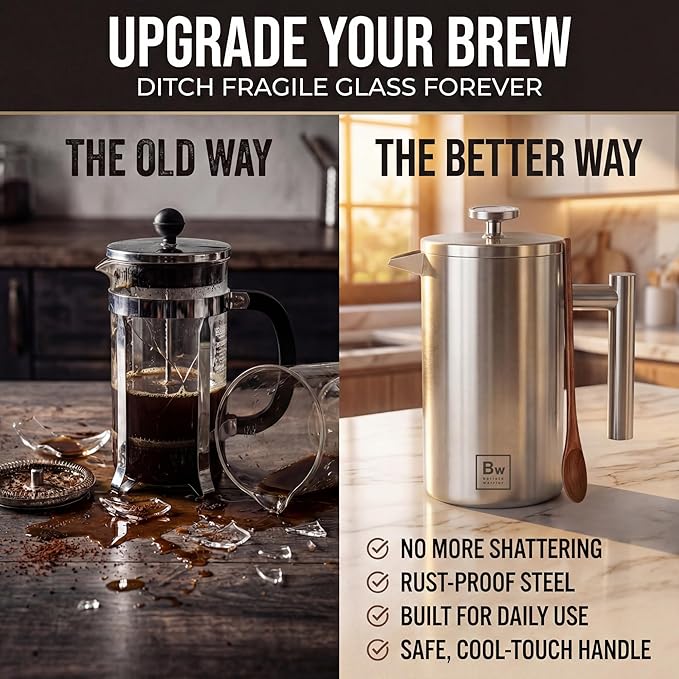 Barista Warrior French Press Coffee Maker Stainless Steel with Built-In Thermometer - Insulated Double Wall Design, Dual Filter System, Stay-Cool Handle & Wood Spoon - Silver