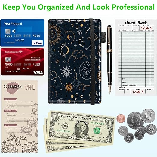 Server Books for Waitress, 5x9 Inch Waitstaff Server Order Pads, 11 Large Pockets, Cute PU Leather Waitress Book Server Wallet with Elastic Band Fit Server Apron,Sun and Moon - Image 5