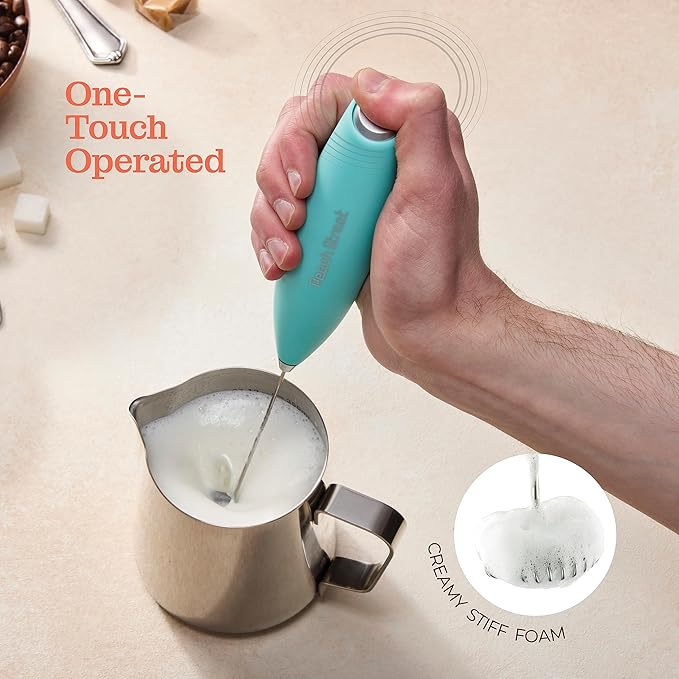 Powerful Handheld Milk Frother, Mini Milk Foamer, Battery Operated (Not included) Stainless Steel Drink Mixer with Frother Stand for Coffee, Lattes, Cappuccino, Frappe, Matcha, Hot Chocolate. (Aqua)