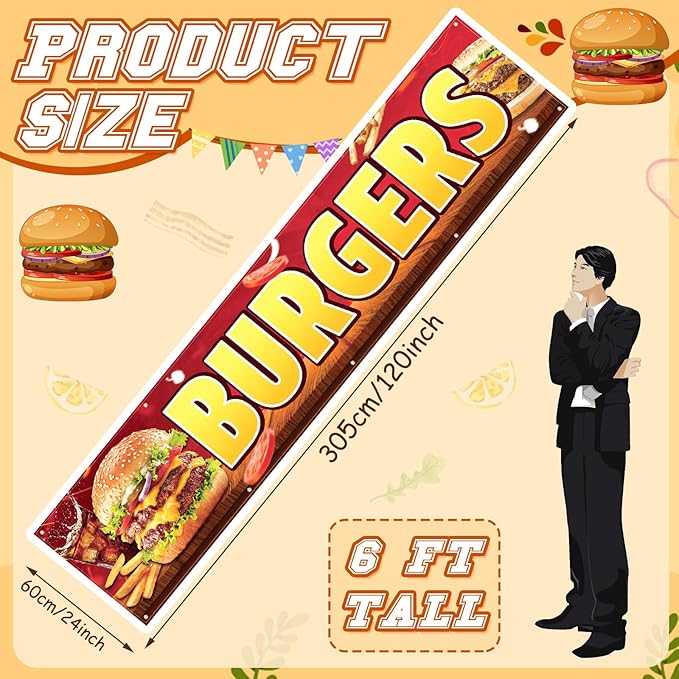 Tegeme Burgers Banners 2 x 10 Ft/ 24 x 120 Inch Large Oxford Fabric Polyester Hamburger Banner Sign with 10 Grommets for Easy Hang Indoor Outdoor